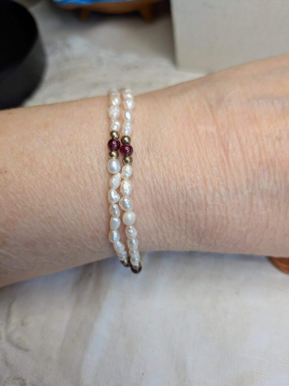 Double Strand Freshwater Pearl & Garnet Bracelet